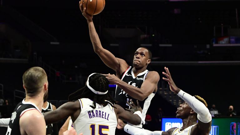 Rajon Rondo drives in for a layup during his debut for the Los Angeles Clippers