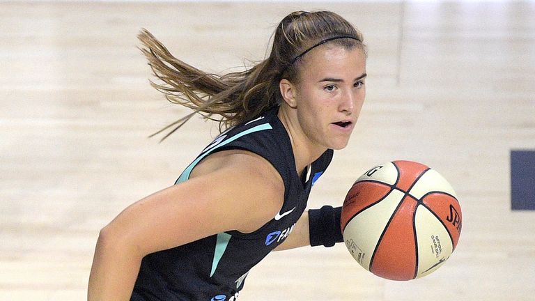 New York Liberty guard Sabrina Ionescu (20) pushes the ball up the court during the first half of a WNBA basketball game against the Seattle Storm, Saturday, July 25, 2020, in Bradenton, Fla. (AP)