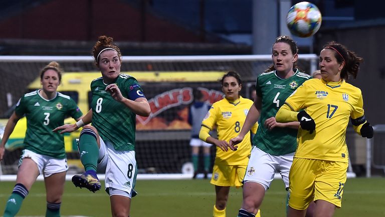 BELFAST, NORTHERN IRELAND - APRIL 13: Marissa Callaghan of Northern Ireland clears the ball during the UEFA Women's Euro 2022 Play-off match between Northern Ireland and Ukraine at Seaview on April 13, 2021 in Belfast, Northern Ireland. Sporting stadiums around the UK remain under strict restrictions due to the Coronavirus Pandemic as Government social distancing laws prohibit fans inside venues resulting in games being played behind closed doors. (Photo by Charles McQuillan/Getty Images)