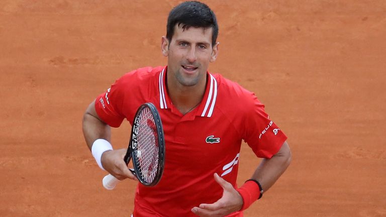 Novak Djokovic celebrates after winning his second round singles match against Italy&#39;s Jannik Sinner on day five of the Monte-Carlo ATP Masters Series tournament in Monaco on April 14, 2021. (Photo by Valery HACHE / AFP) (Photo by VALERY HACHE/AFP via Getty Images)