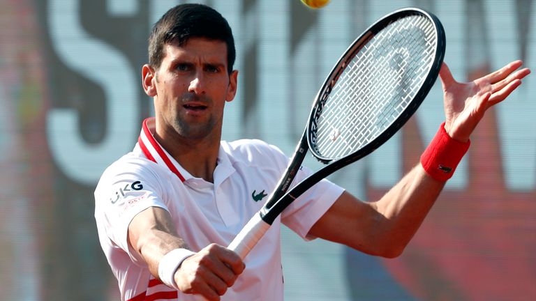 Novak Djokovic of Serbia returns a ball to Korea's Kwon Soonwoo during their tennis match of the Serbia Open tennis tournament in Belgrade, Serbia, Wednesday, April 21, 2021. (AP Photo/Darko Vojinovic)