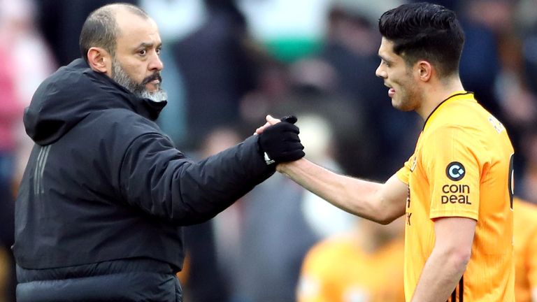 Wolverhampton Wanderers manager Nuno Espirito Santo (left) and Raul Jimenez shake hands after the final whistle during the Premier League match at Molineux, Wolverhampton.