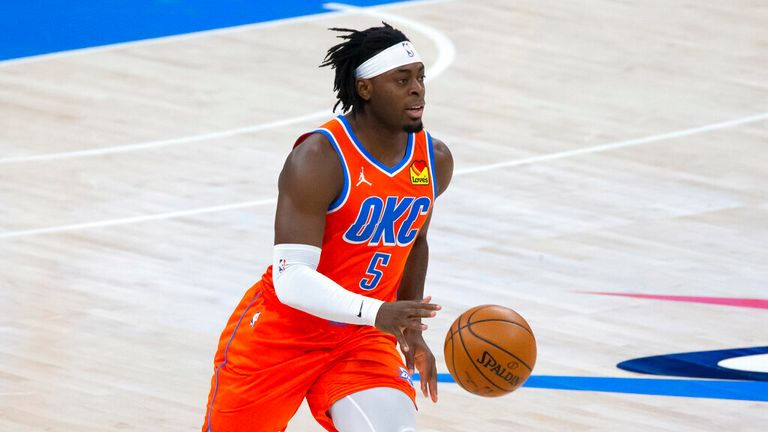 AP - Oklahoma City Thunder forward Luguentz Dort (5) during the first half of an NBA basketball game