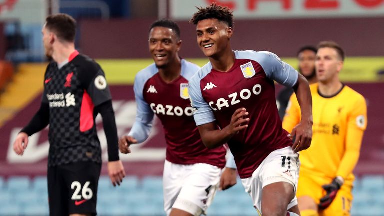 Aston Villa's Ollie Watkins celebrates scoring his side's fourth goal of the game to complete his hat trick during the Premier League match at Villa Park, Birmingham (PA)