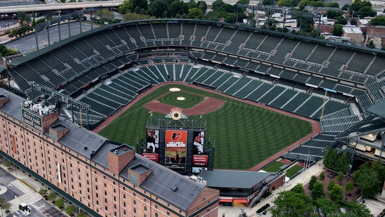 A general aerial view of Oriole Park at Camden Yards, right, and M&T Bank Stadium, top left, is seen, Saturday, June 27, 2020, in Baltimore. (AP Photo/Julio Cortez)