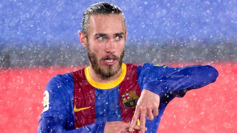 Oscar Mingueza celebrates scoring for Barcelona vs Real Madrid