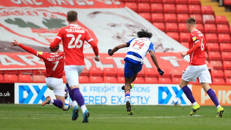 Ovie Ejaria calmly slots home the opening goal for Reading at Oakwell