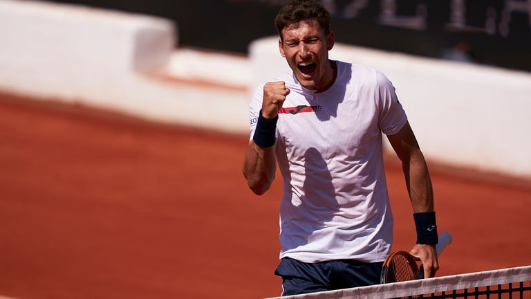 Pablo Carreno Busta of Spain celebrates during his match against Albert Ramos-Vinolas of Spain during the 2021 AnyTech 365 Andalucia Open tournament at Puente Romano Beach Resort on April 10, 2021 in Marbella, Spain. (Photo by Mateo VIllalba/Quality Sport Images/Getty Images)