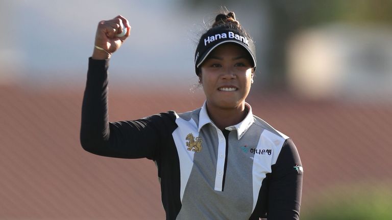 Patty Tavatanakit of Thailand celebrates after winning the final round of the ANA Inspiration at the Dinah Shore course at Mission Hills Country Club 