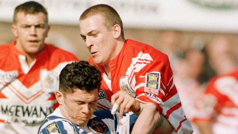 5 Apr 1996: Paul Newlove of St.Helens stops Henry Paul of Wigan in his tracks during St.Helens v Wigan in the Super League at Knowsley Road. Mandatory Credit: Dave Rogers/ALLSPORT