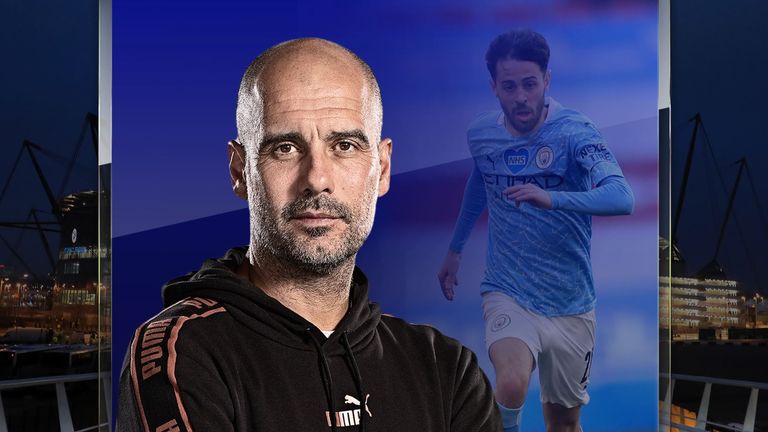 Pep Guardiola and Bernardo Silva of Manchester City