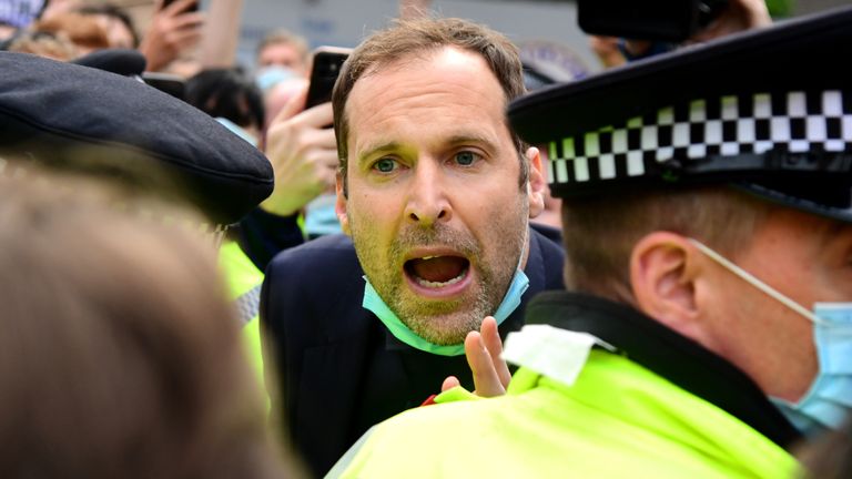 Petr Cech pleads with protesters outside Stamford Bridge