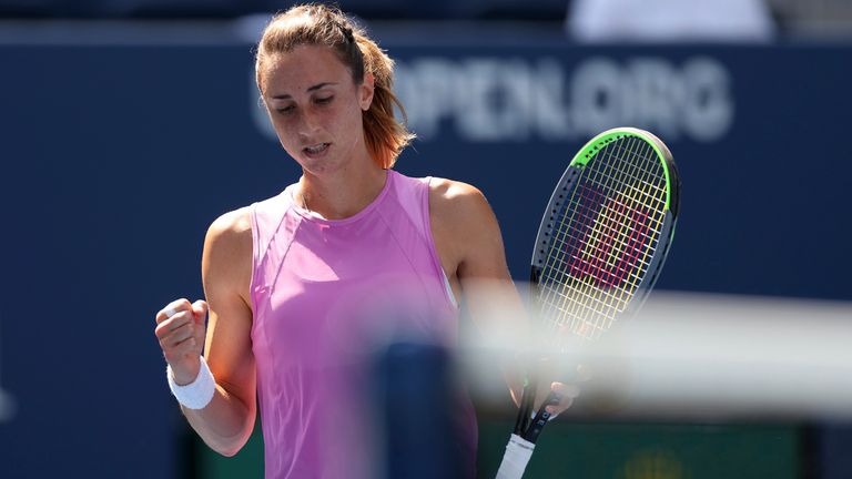 Petra Martic in action against Varvara Gracheva during a women's singles match at the 2020 US Open, Friday, Sept. 4, 2020 in Flushing, NY. (Simon Bruty/USTA via AP)