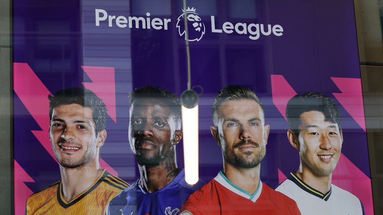 A banner hangs in the reception area of Premier League HQ in London (AP)