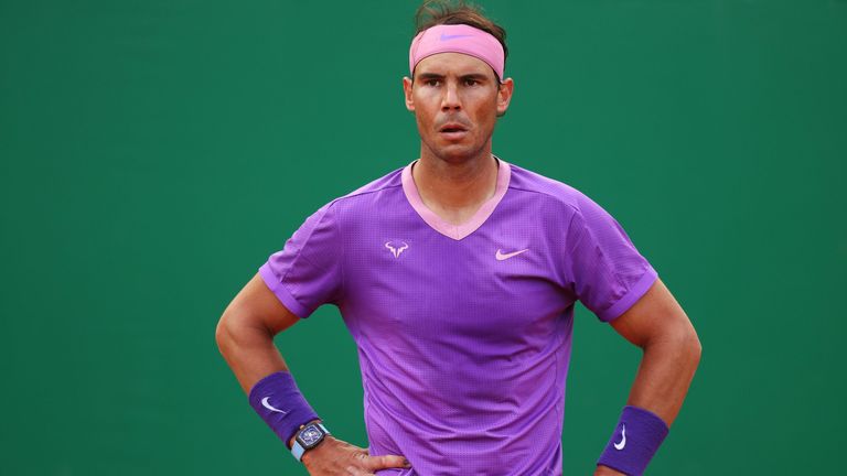 Rafael Nadal of Spain reacts during his match against Andrey Rublev of Russia during day six of the Rolex Monte-Carlo Masters at Monte-Carlo Country Club on April 16, 2021 in Monte-Carlo, Monaco. (Photo by Alexander Hassenstein/Getty Images)