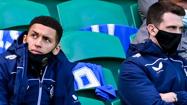 GLASGOW, SCOTLAND - MARCH 21: Rangers' James Tavernier (L) and Ryan Jack watch on during the Scottish Premiership match between Celtic and Rangers at Celtic Park, on March 21, 2021, in Glasgow, Scotland. (Photo by Rob Casey / SNS Group)