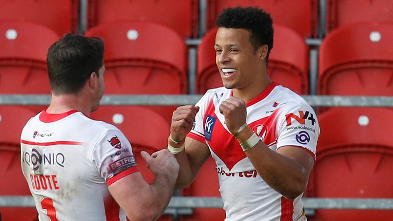 Picture by Ed Sykes/SWpix.com - 16/04/2021 - Rugby League - Betfred Super League Round 3 - St Helens v Wakefield Trinity - The Totally Wicked Stadium, St Helens, England - St Helens' Regan Grace celebrates scoring a try