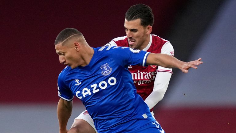 Everton's Richarlison duels for the ball with Arsenal's Dani Ceballos