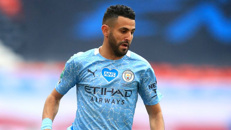 Riyad Mahrez in action during the Carabao Cup final against Spurs at Wembley