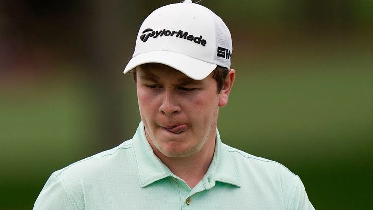 Robert MacIntyre, of Scotland, reacts after missing an eagle putt on the second hole during the third round of the Masters golf tournament on Saturday, April 10, 2021, in Augusta, Ga. (AP Photo/David J. Phillip)