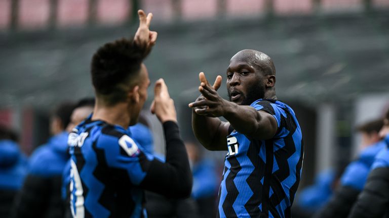 Inter's Romelu Lukaku and Lautaro Martinez celebrate during the derby against AC Milan