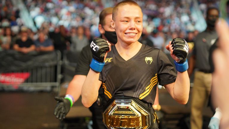 Rose Namajunas exits the octagon after her win over Zhang Weili in their womens strawweight Title bout during the UFC 261: Usman vs Masvidal 2 Event at VyStar Veterans Memorial Arenaon April 24, 2021, in Jacksonville, Florida. (Photo by Louis Grasse/PxImages/Icon Sportswire via Getty Images)