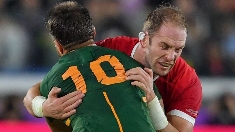 South Africa's Handre Pollard is tackled by Wales' Alun Wyn Jones during the 2019 Rugby World Cup Semi Final