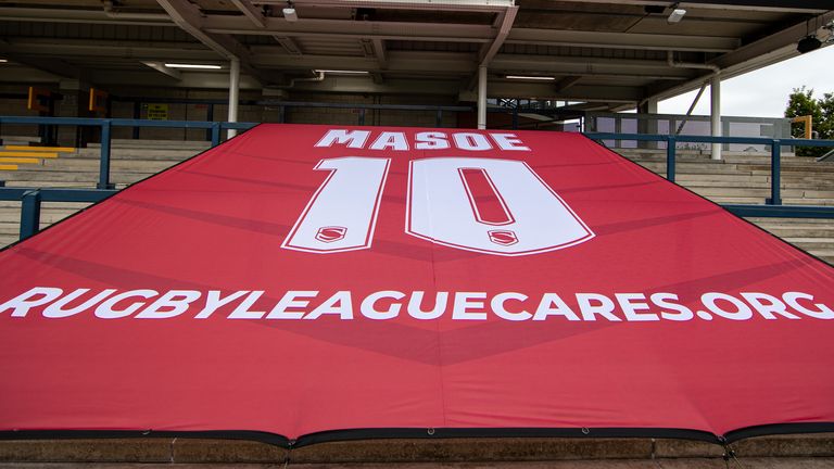 Picture by Alex Whitehead/SWpix.com - 09/08/2020 - Rugby League - Betfred Super League - Salford Red Devils v Hull FC - Emerald Headingley Stadium, Leeds, England - The Brief. Mose Masoe banner