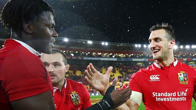 Maro Itoje and Sam Warburton after the Lions' win over New Zealand in the second Test of the 2017 tour