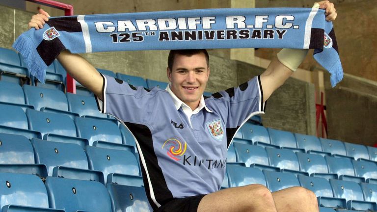 Cardiff Harris
Iestyn Harris in his new kit in the club stand after signing for Cardiff RFC and becoming the first born-and-bred player to switch from Rugby League to Rugby Union in Wales. * 20/10/01: Harris is set to make his rugby union debut for Cardiff at Llanelli.