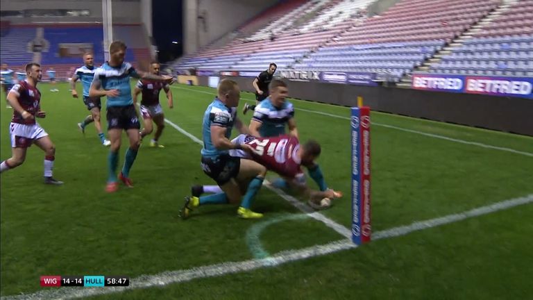 Jake Bibby showed off some incredible footwork to score as Wigan moved level with Hull FC in the second half.