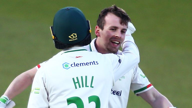 Getty - Sam Evans of Leicestershire celebrates his century with Lewis Hill of Leicestershire during day one of the LV= Insurance County Championship match between Surrey and Leicestershire at The Kia Oval on April 15, 2021 in London, England. (Photo by Jordan Mansfield/Getty Images for Surrey CCC)