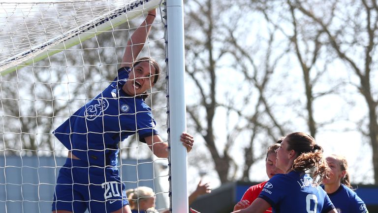Chelsea's Sam Kerr celebrates after scoring a hat-trick against Birmingham in WSL