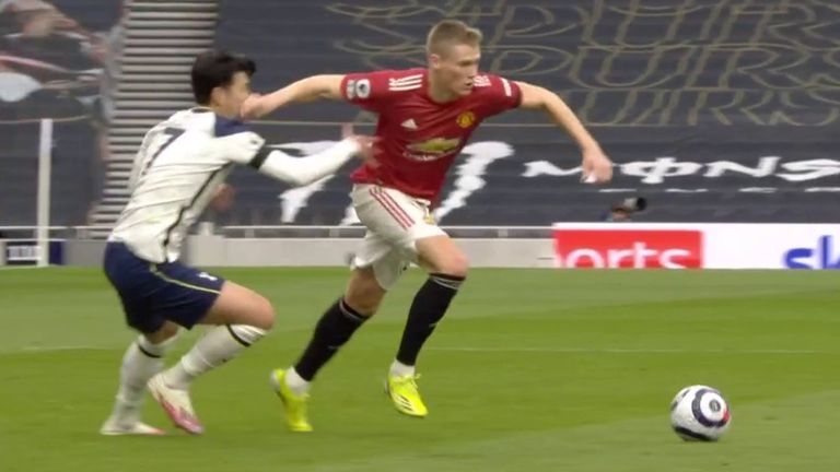 United's goal was disallowed after VAR spotted this stray arm from Scott McTominay, which caught Heung-min Son