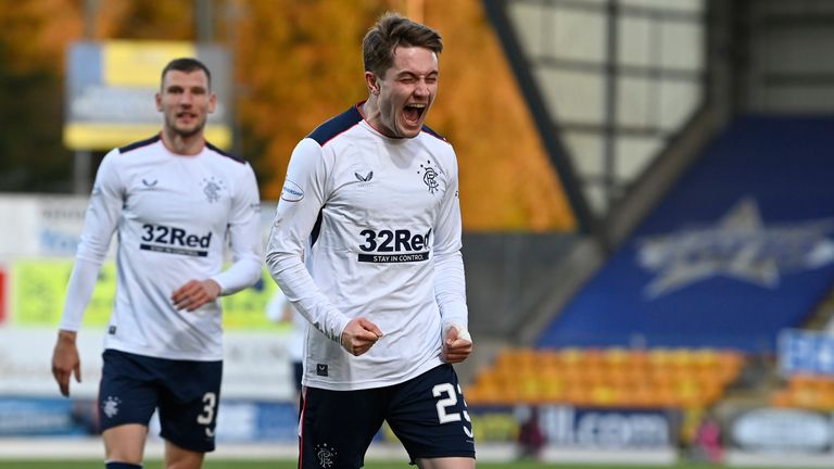 Scott Wright celebrates his first Rangers goal