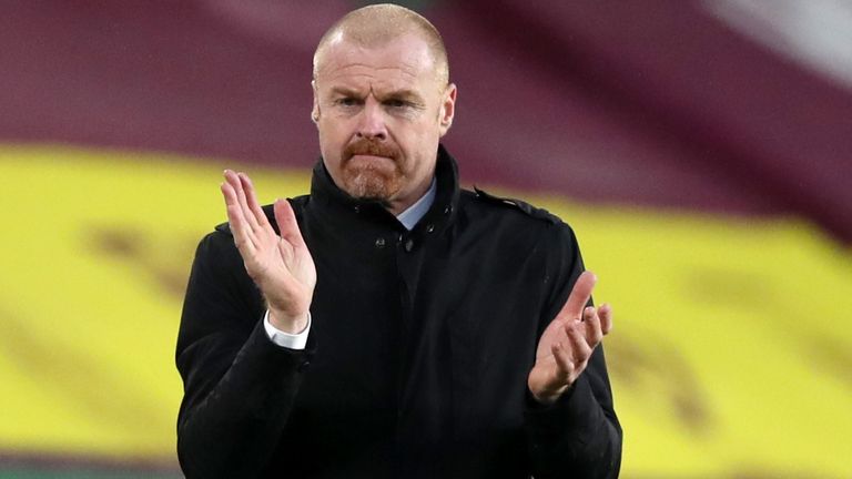 Burnley manager Sean Dyche applauds from the touchline during the Premier League match at Turf Moor, Burnley. Picture date: Saturday February 6, 2021.