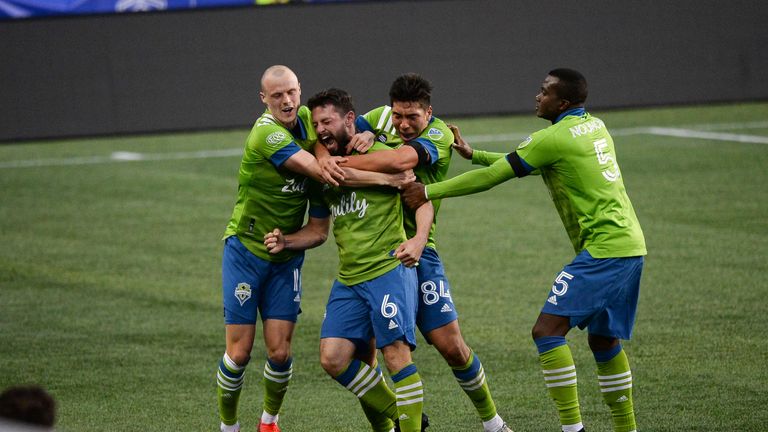 Seattle Sounders FC midfielder Joao Paulo (6) celebrates his 2nd half goal with his team during a MLS match between the Seattle Sounders and Minnesota United FC