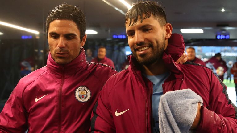 Mikel Arteta, pictured here in 2017 while Man City assistant boss, says Arsenal are not looking to sign Sergio Aguero