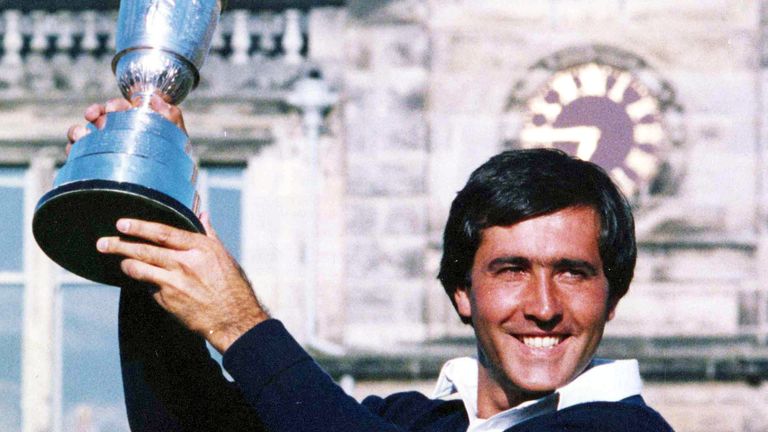 Severiano Ballesteros of Spain holds aloft the Open Golf Trophy, after winning at St. Andrews, Scotland, on July 22, 1984