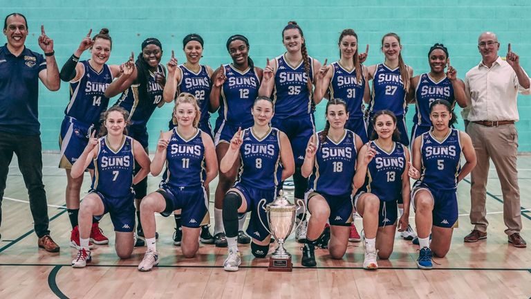 The Sevenoaks Suns celebrate becoming WBBL champions for the third time. 