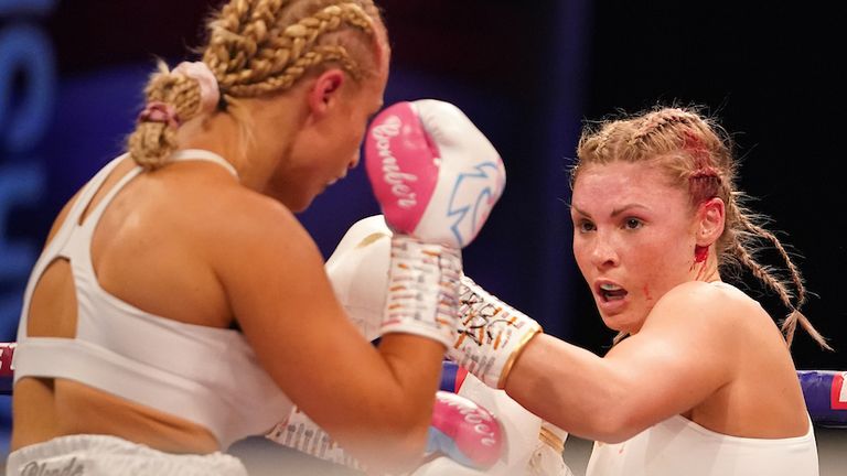 *** FREE FOR EDITORIAL USE ***.Shannon Courtenay vs Ebanie Bridges, Vacant WBA World Female Bantamweight Title fight.10 April 2021.Picture By Dave Thompson Matchroom Boxing.