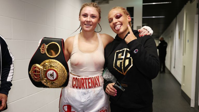 *** FREE FOR EDITORIAL USE ***.Shannon Courtenay vs Ebanie Bridges, Vacant WBA World Female Bantamweight Title fight.10 April 2021.Picture By Mark Robinson Matchroom Boxing.The fighters show their respect for each other after their contest. 
