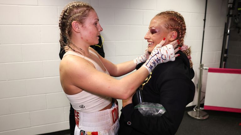 *** FREE FOR EDITORIAL USE ***.Shannon Courtenay vs Ebanie Bridges, Vacant WBA World Female Bantamweight Title fight.10 April 2021.Picture By Mark Robinson Matchroom Boxing.The fighters show their respect for each other after their contest. 