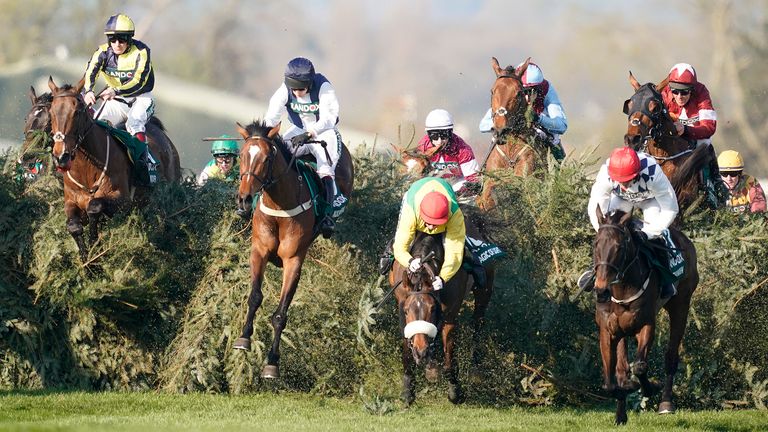 Tiger Roll clears The Chair on the way to winning the  Grand National in 2019

