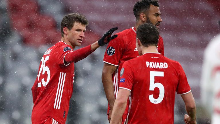 Thomas Muller celebrates scoring Bayern Munich's second goal vs PSG