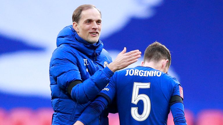 Thomas Tuchel congratulates Jorginho after Chelsea's win over Man City