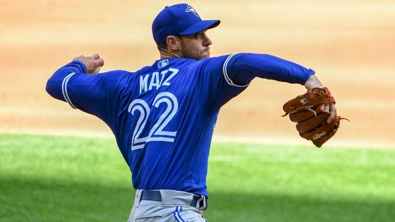 Toronto Blue Jays starting pitcher Steven Matz #22 pitched 6.1 innings and gave up 2 hits and 1 earned run and struck out 9 batters during an Opening Day MLB game between the Toronto Blue Jays and the Texas Rangers at Globe Life Field in Arlington, TX Toronto defeated Texas 6-2 Albert Pena/CSM(Credit Image: © Albert Pena/CSM via ZUMA Wire) (Cal Sport Media via AP Images)