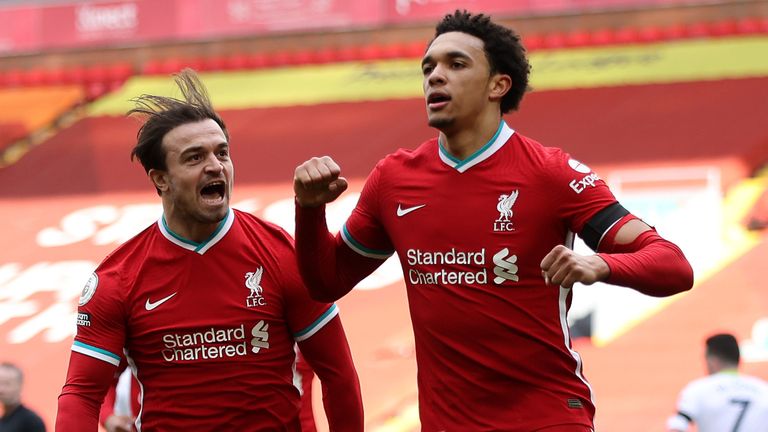 Liverpool's Trent Alexander-Arnold celebrates with team-mate Xherdan Shaqiri after scoring winner against Aston Villa