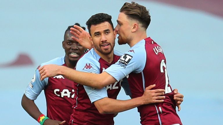 Aston Villa's Trezeguet (centre) celebrates after scoring his first goal against Fulham