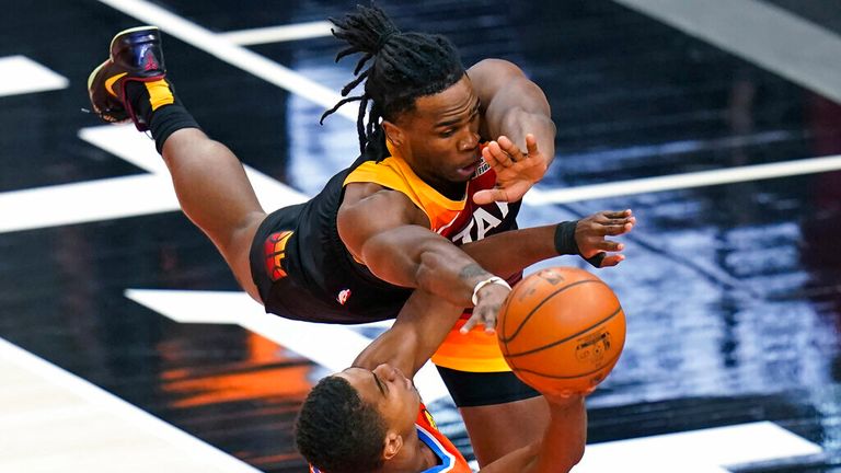 AP - Utah Jazz forward Jarrell Brantley, top, fouls Oklahoma City Thunder guard Theo Maledon (11)